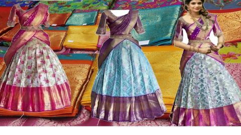 Pink art-silk half-saree with buttas, contrast blouse, traditional design  border & intricate dhavani